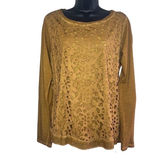 Unique Marigold Color Lace Eyelet Sequin’s Long Sleeve Blouse - Picture 1 of 13